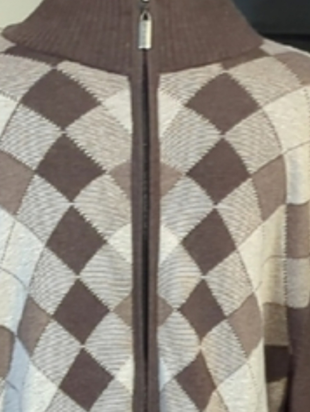 Size L Pierre Cardin Brown Argyle Zip-Front Men's Sweater - Picture 15 of 16